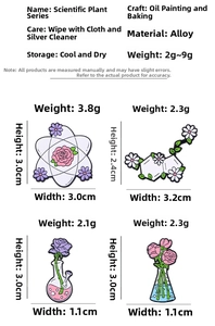 Detailed grid of science plant enamel pins showing dimensions and weights for each design