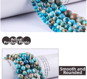 Macro detail of polished blue imperial stone round beads showing natural textures