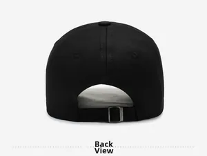 Detail view of the back of a black cotton baseball cap showing the adjustable metal buckle