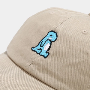 Khaki cotton baseball cap featuring a cute blue dinosaur embroidery with soft top design