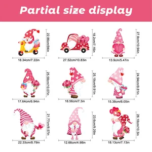 Size chart showing 9 Valentine gnomes stickers with detailed height and width measurements