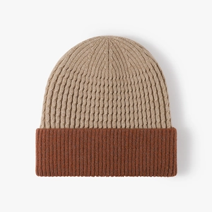 Khaki and caramel contrast knit beanie with cable pattern and ribbed cuff for winter