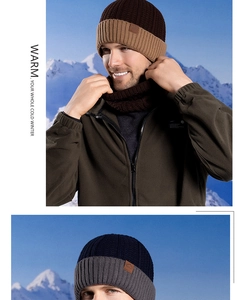 Detail of warm winter knit beanie and scarf set with fleece lining for men on snow background