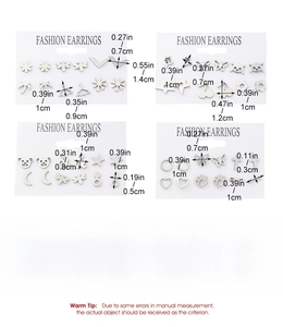 Detailed size specifications for silver titanium steel earring set with various motifs