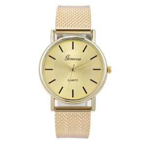 Classic Geneva quartz wristwatch with gold Milanese mesh strap and radiant sunburst dial