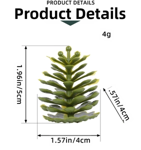 Detail view of 5cm green plastic pine cone decoration with weight and size specifications