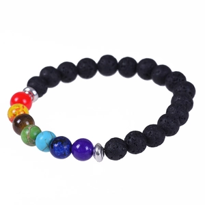 Natural 8mm lava rock chakra bracelet with colorful yoga beads and silver spacers
