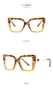 Detail view of leopard print square eyeglasses frame with elegant metal temples
