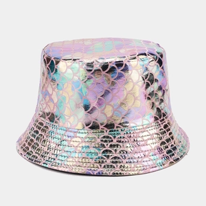 Detailed view of iridescent pink-purple fish scale texture on fashion bucket hat fabric