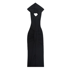 Detail of a backless hooded black maxi dress featuring a sexy front slit and ruched design