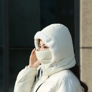 Creamy winter trapper hat with integrated face mask and soft faux fur lining