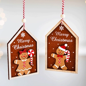 Wooden gingerbread man felt ornaments for Christmas tree hanging decoration in festive style