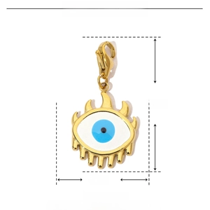 Detail of evil eye charm with 31mm height and 15mm width measurements shown on white background