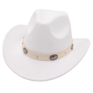 Western Cowboy Hat Wool Felt Wide Brim Vintage Fedora With Faux Leather Belt Metal Conchos For Women Men Sunshade