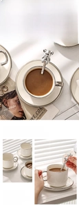 Detail of luxury ceramic coffee cup with silver bear spoon and metallic rim accents