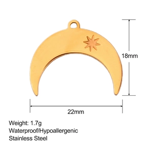 Detailed size view of gold stainless steel moon and star pendant with 18x22mm dimensions