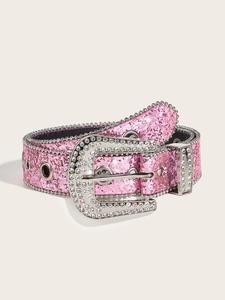 Close-up of pink Y2K rhinestone belt with sparkling silver buckle and beaded edges