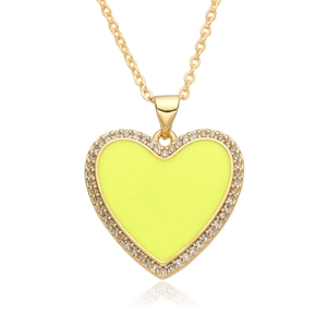 Golden necklace with fluorescent yellow heart pendant and micro-paved cubic zirconia gems