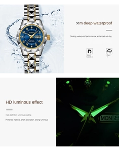 Macro details of waterproof steel watch showing luminous green hands in dark environment