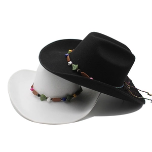 Ethnic style felt cowboy hats in black and white with colorful bohemian bead decoration