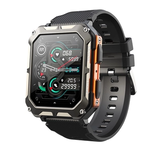 Rugged black outdoor smart watch with heart rate monitor and orange metal accents