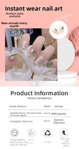 Detailed specs of green and cream ballerina press-on nails with 24 pieces and glue