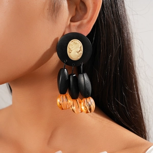 Retro acrylic wood bead earrings with cameo portrait and dark amber pendant drops