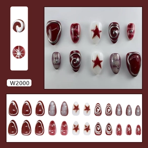 3D metallic star press on nails in burgundy, white, and grey purple water drop shape