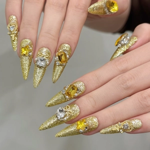 Golden stiletto press-on nails with luxury 3D butterfly, rhinestones and pearls