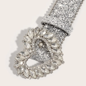 Silver glitter belt for women with oversized heart-shaped rhinestone buckle and clear crystals