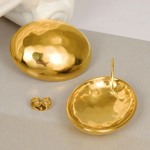 Minimalist 304 stainless steel hammered gold oval stud earrings for women with high-end texture