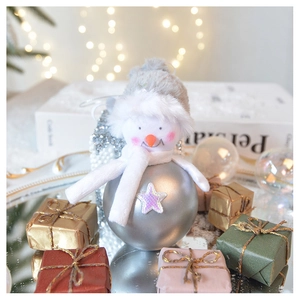Detail of plush snowman Christmas ball with grey hat and sparkling silver sequins decor