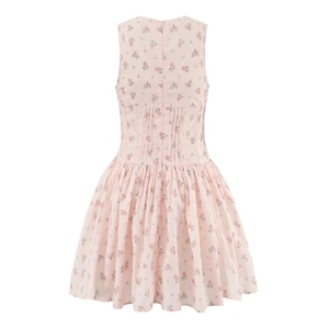 Back view of pink floral V-neck sleeveless dress with waist detail and zipper