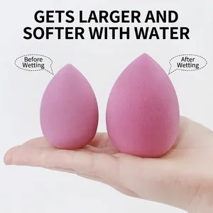 Dual-use soft teardrop makeup sponges showing expansion size before and after soaking