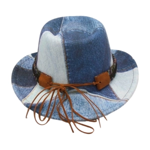 Kids wide brim jazz hat with patchwork denim design and woven decorative strap