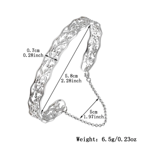 Detailed view of adjustable 925 silver hollow cuff bracelet with safety chain and dimensions