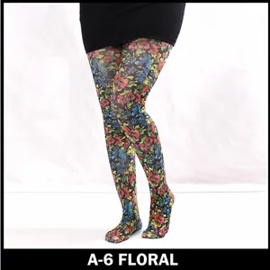 Detail showing dense vintage floral print on thin elastic pantyhose for women