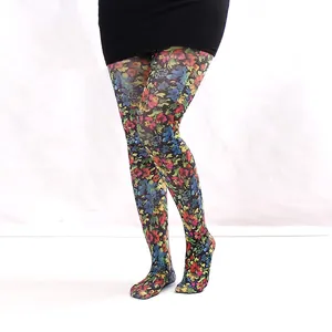 Detail showing dense vintage floral print on thin elastic pantyhose for women