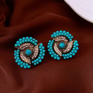 Vintage Floral Stud Earrings With Silver Earring Post Alloy Acrylic Rhinestone Ethnic Bohemian Style For Women