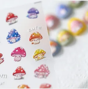 Macro detail of colorful cute mushroom nail stickers with semi-transparent finish