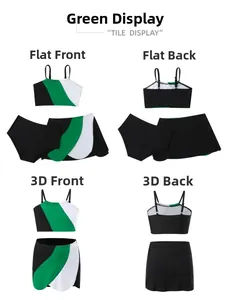 Costume da bagno tre pezzi per bambine con design diagonale a blocchi verde, nero e bianco