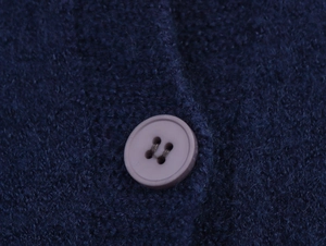 Detail of dark blue knit cardigan showing plush fabric texture and brown button