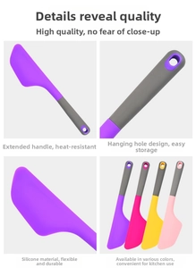 Detail of colorful long-handle silicone spatulas with hanging holes for easy storage