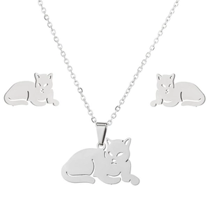 Minimalist silver cheetah necklace and earrings set in polished stainless steel