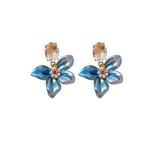 French vintage floral drop earrings with champagne crystal and blue enamel flower