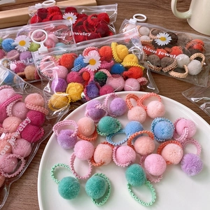 Kids Hair Ties Macaron Candy Color Plush Pom Pom Ball Ruffle Elastic Scrunchies For Girls Hair Styling Decor Cute