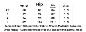 Guide des tailles pour la jupe midi avec mesures de taille, hanches et longueur en cm