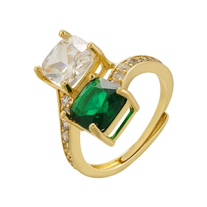 Adjustable gold ring with emerald cut green stone and cushion cut clear zircon gems
