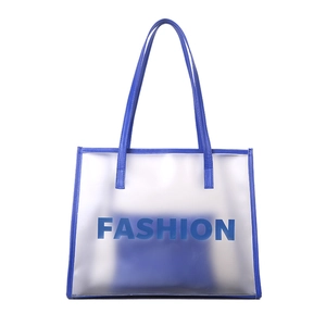 Transparent blue PVC tote bag with Fashion letter print and matching inner pouch