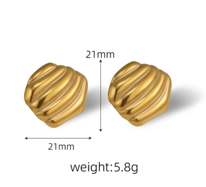 Detail of 18k gold plated conch twist round earrings showing 21mm size and 5.8g weight